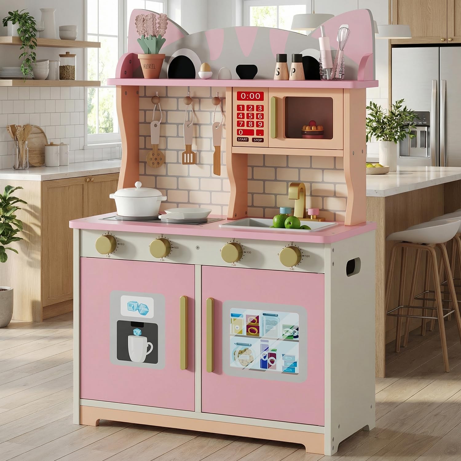 Pink Cat Design Wooden Play Ki - Kids Toys Kitchen Set 评论和价格