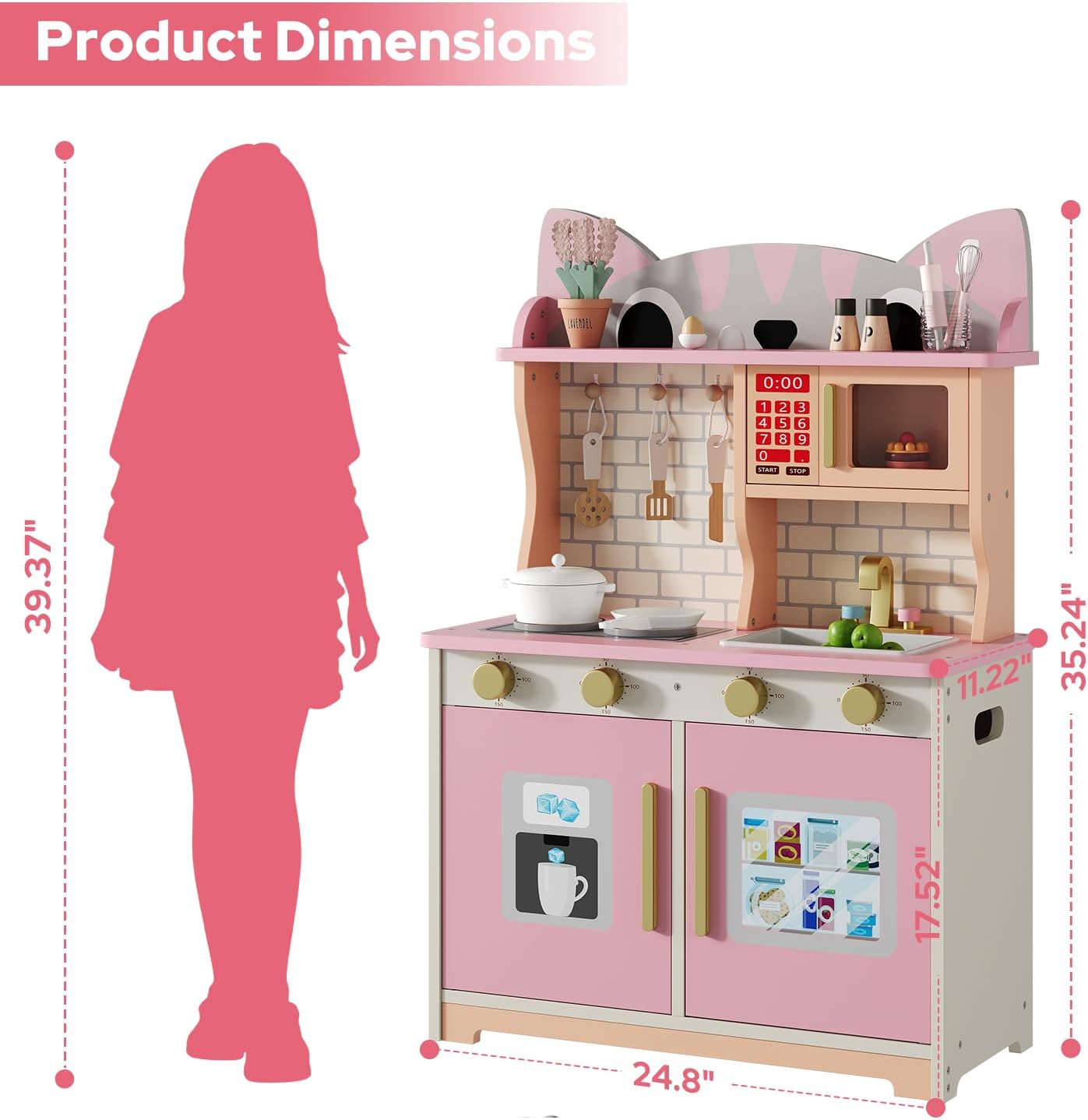 Pink Cat Design Wooden Play Ki - Kids Toys Kitchen Set 评论和价格
