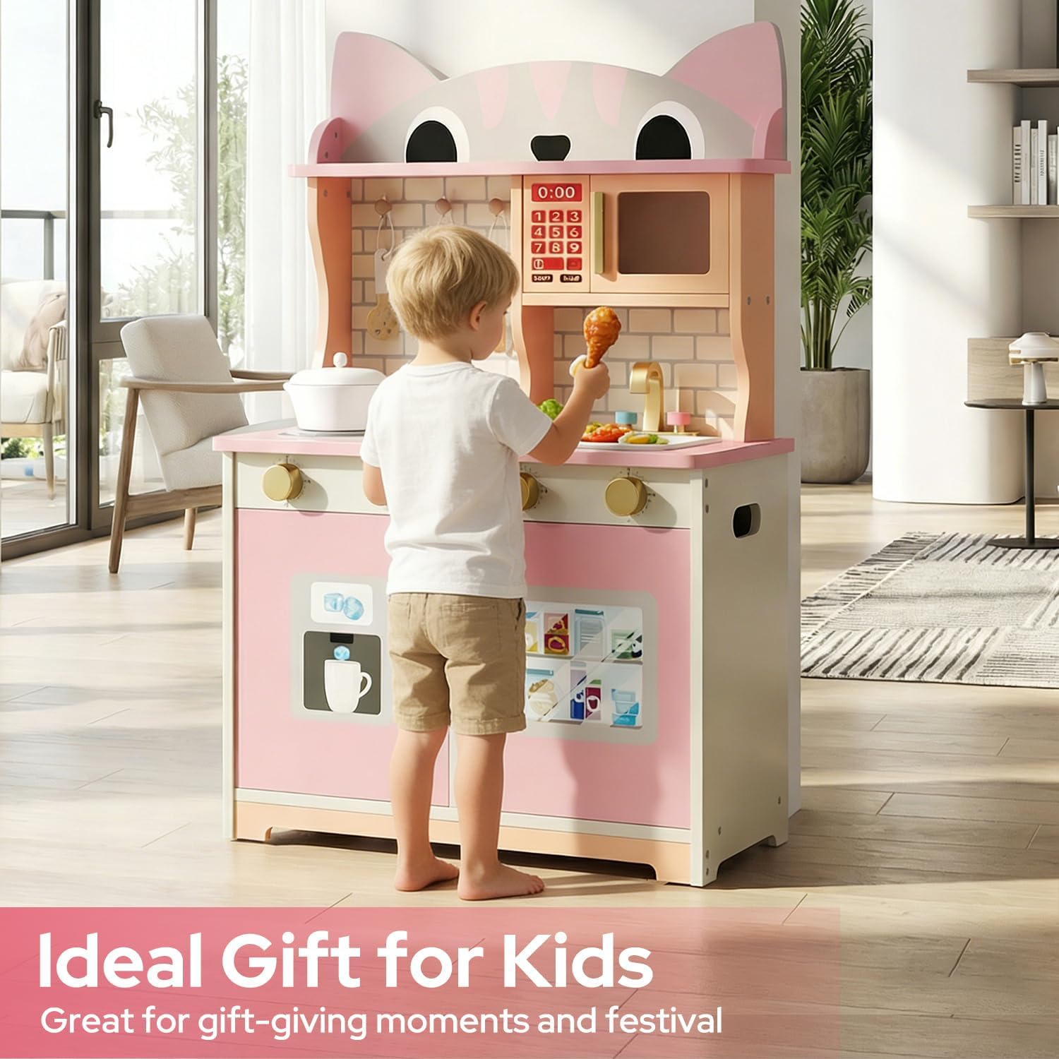 Pink Cat Design Wooden Play Ki - Kids Toys Kitchen Set 评论和价格