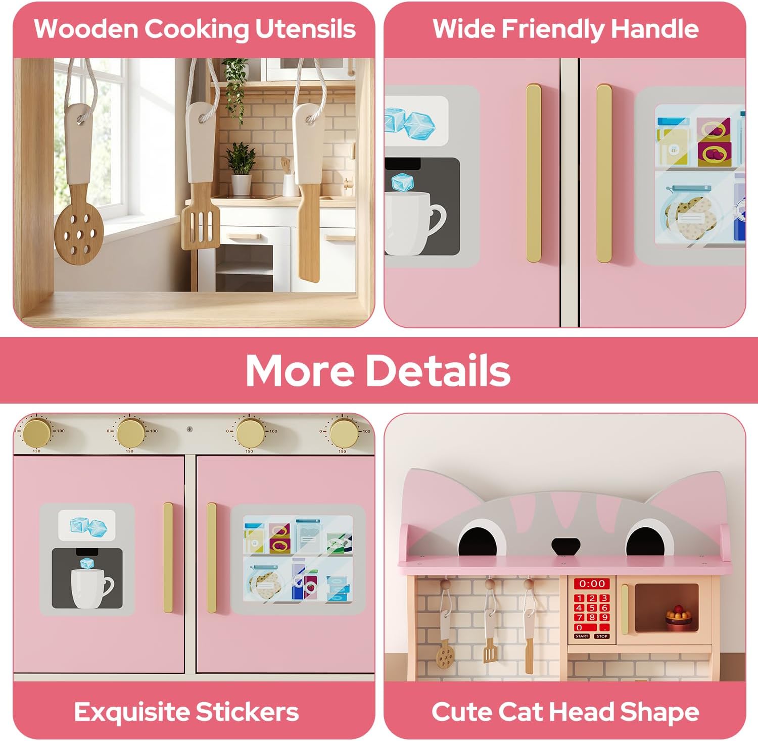 Pink Cat Design Wooden Play Ki - Kids Toys Kitchen Set 评论和价格